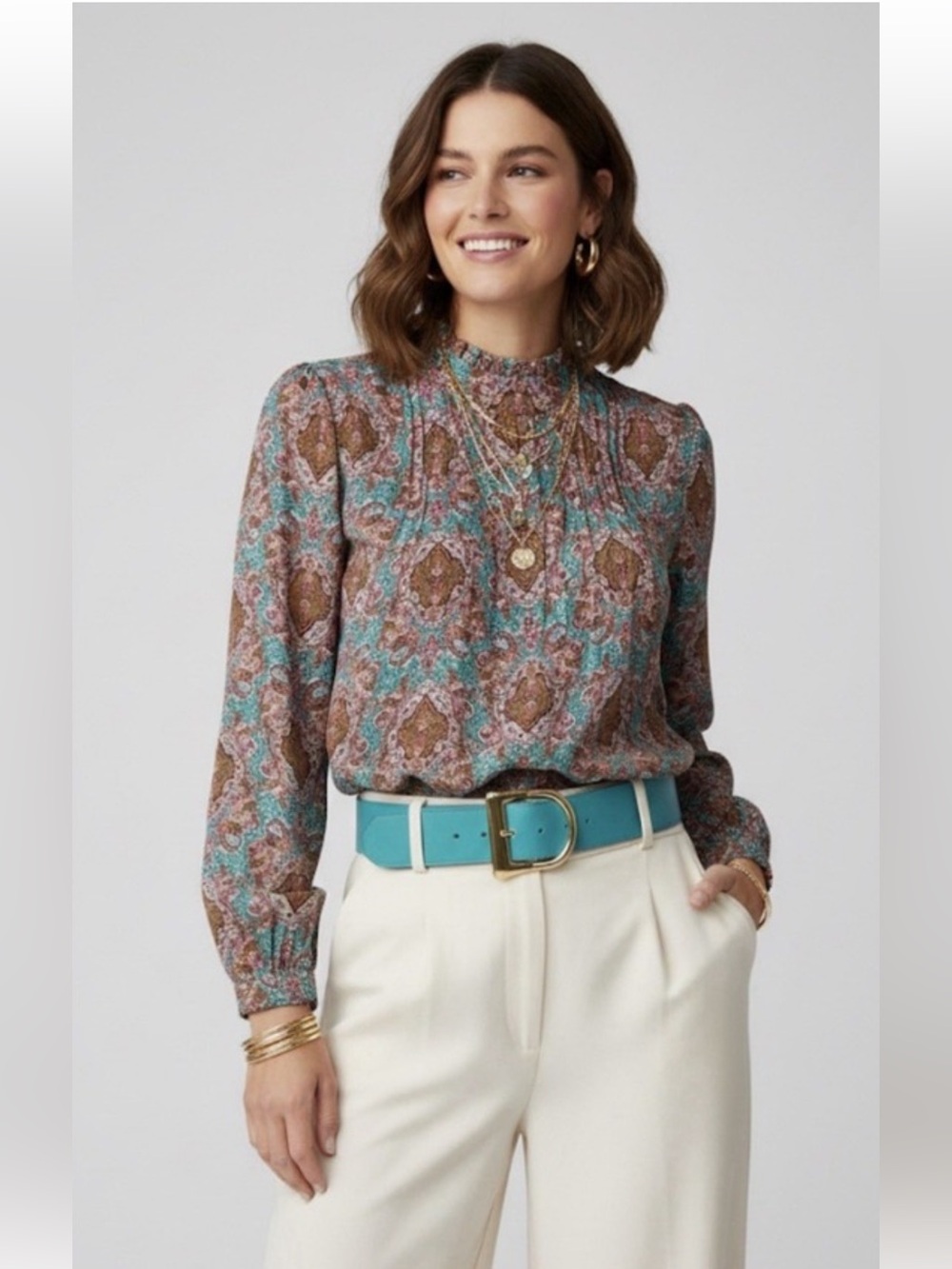 🔥STUNNING PAISLEY Blouse Sz L Romantic Teal/Burgundy Pristine! Joie PriceFirm